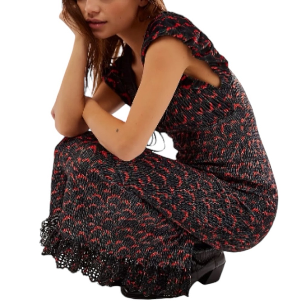 Free People NWOT Women's Mckenna Velvet Smocked Midi Dress Sz XL - Picture 3 of 12